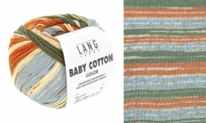 Lang Yarns Baby Cotton Color - Pelote de 50 gr - Coloris 0197 Olive/Orange/Bleu Clair